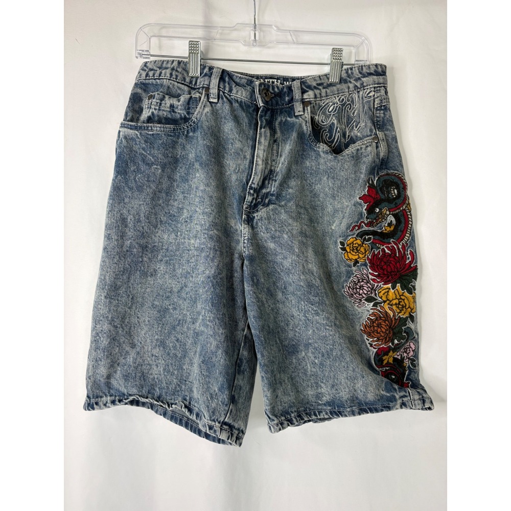 Ninth Hall Mens Acid Wash Dragon Floral Embroidered Denim Shorts Blue Size 30